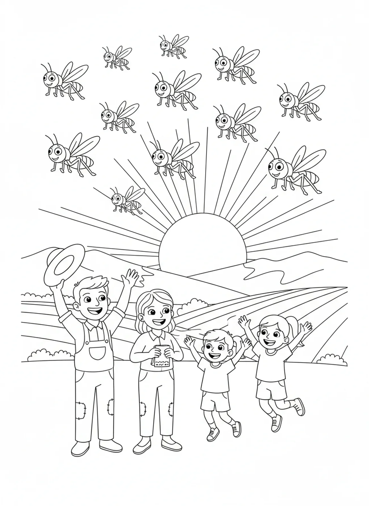 Langostas de dibujos animados volando, página para colorear de langostas bíblicas para niños de 5 a 10 años