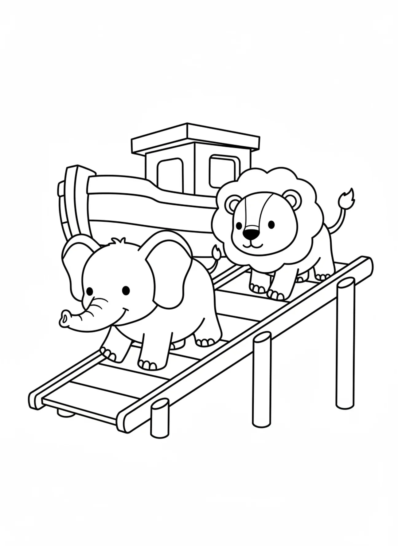 Éléphant et lion, page à colorier de l'Arche de Noé pour les enfants d'âge préscolaire de 3 à 5 ans.