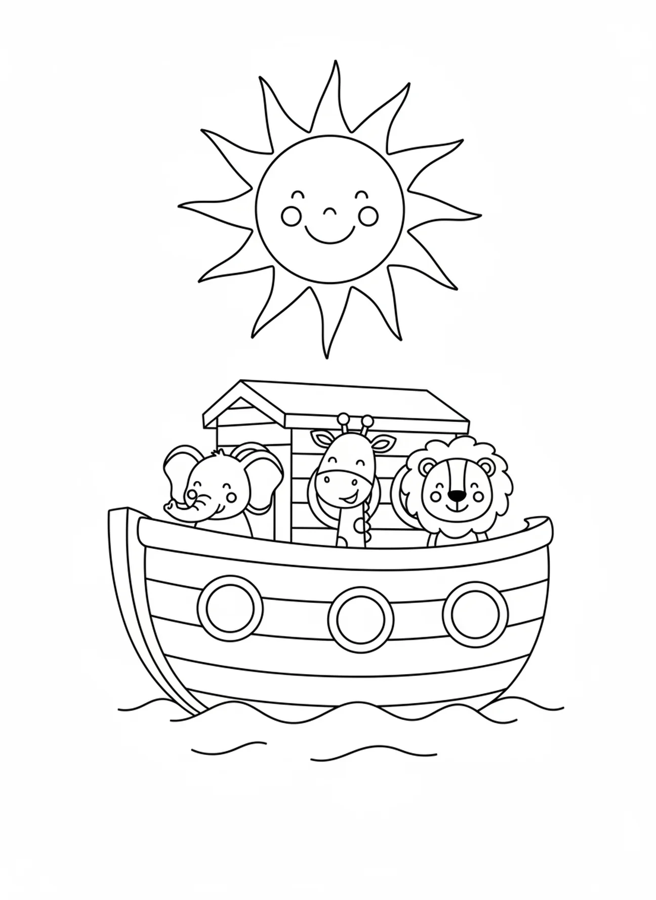 Des animaux qui regardent par les fenêtres de l'arche, page à colorier de l'Arche de Noé pour les enfants de 3 à 5 ans.