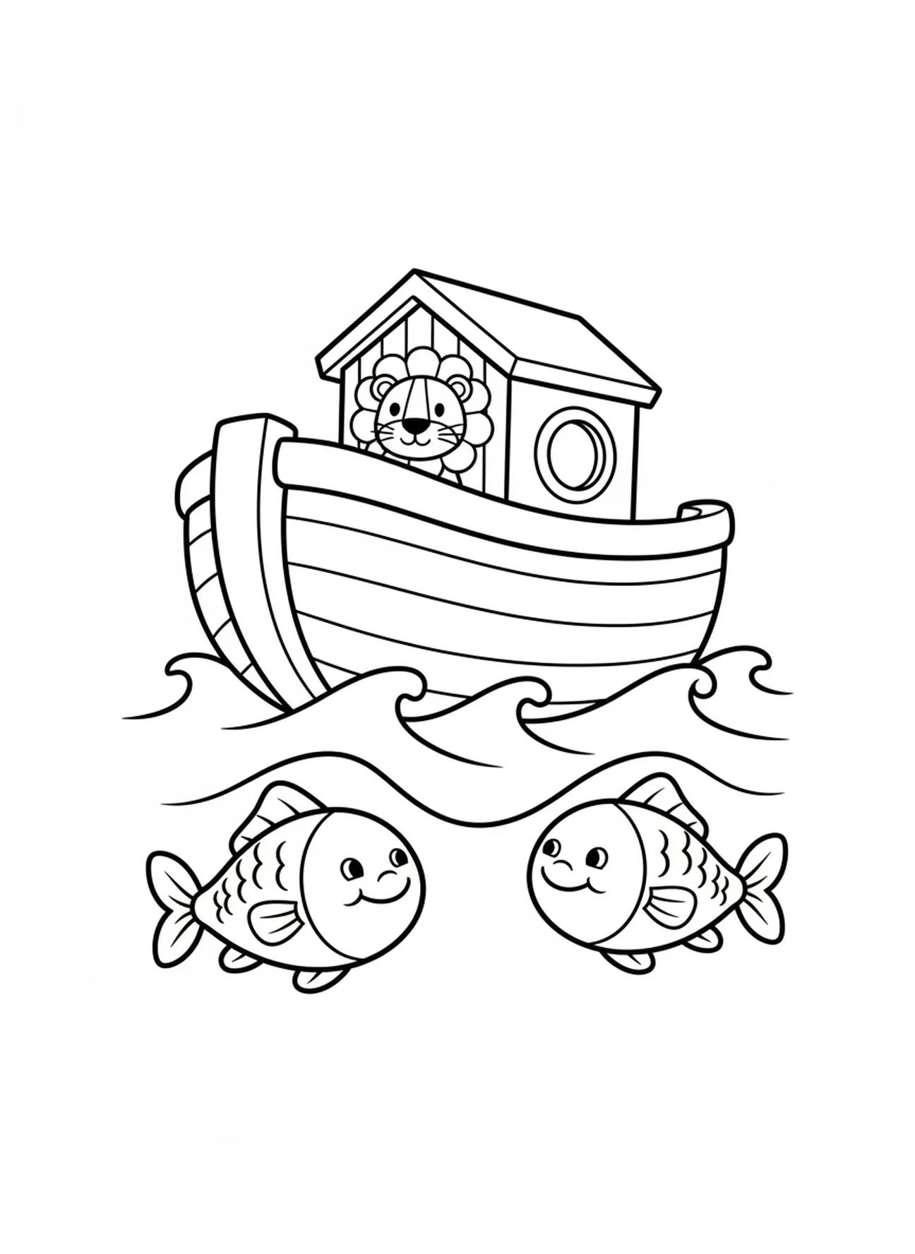 L'arche sur les vagues, page à colorier de l'arche de Noé pour les enfants d'âge préscolaire de 3 à 5 ans.