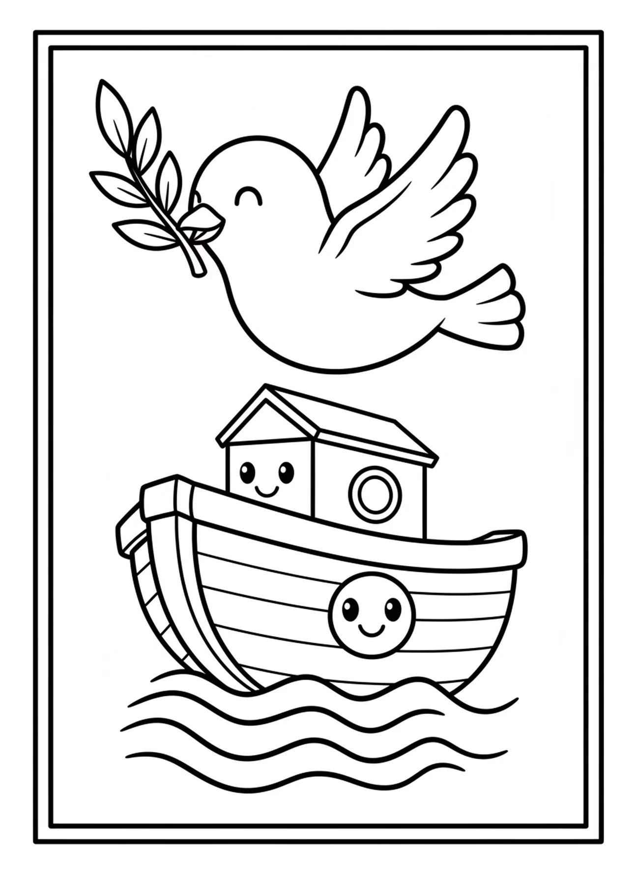 Colombe avec branche d'olivier, page à colorier de l'Arche de Noé pour les enfants d'âge préscolaire de 3 à 5 ans.