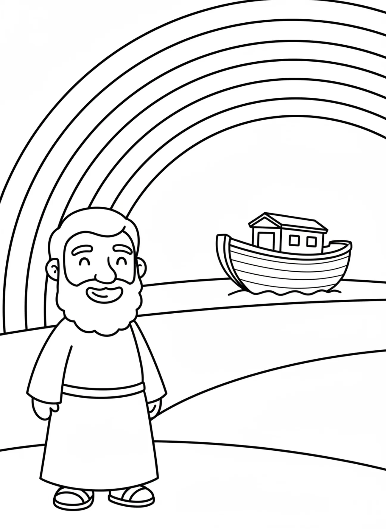 Arc-en-ciel au-dessus de Noé, page à colorier de l'Arche de Noé pour les enfants d'âge préscolaire de 3 à 5 ans.