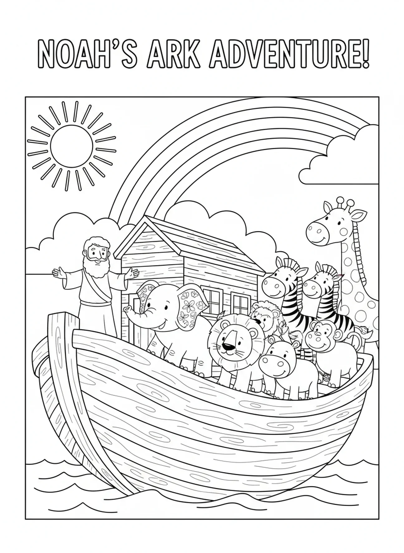 Tierpaare steigen ein, Ausmalbild von Noahs Raben für Kinder im Alter von 5-10 Jahren.