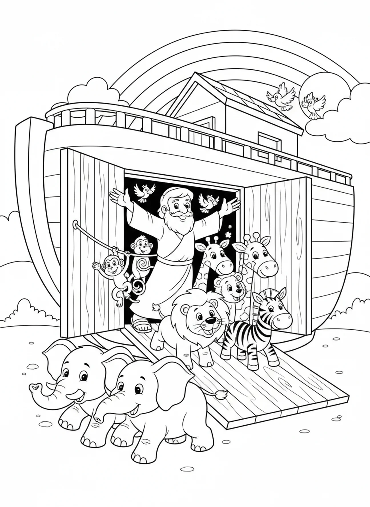 Noah lässt die Tiere frei, Ausmalbild vom biblischen Raben für Kinder im Alter von 5-10 Jahren.