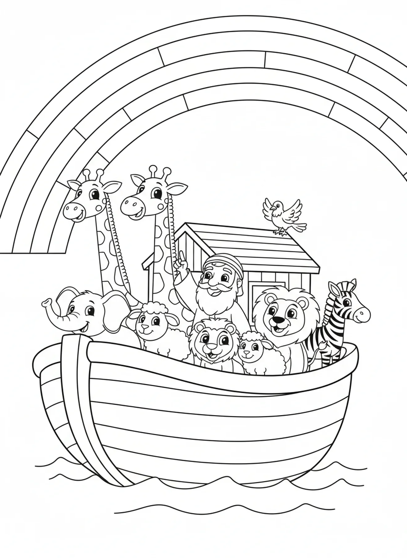 Regenbogen über Noahs Arche, Ausmalbild für Kinder im Alter von 5-10 Jahren.