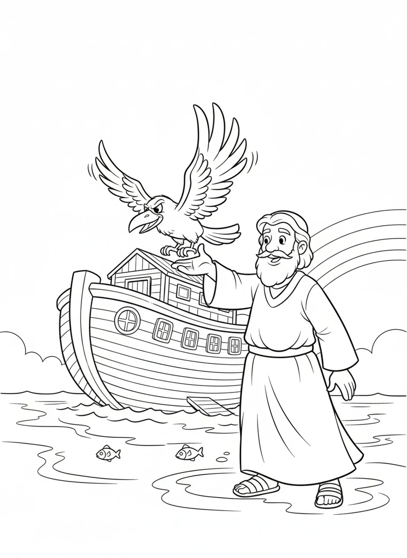 Noah lässt einen Raben fliegen, Ausmalbild für Kinder im Alter von 5-10 Jahren.