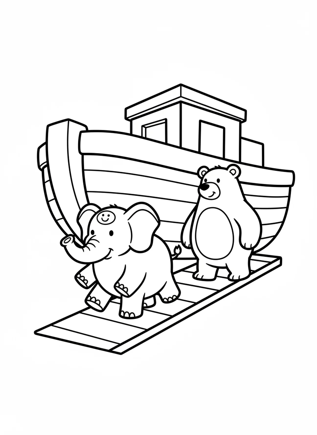 Fröhlicher Elefant und Bär, Ausmalbild von der Bibel für Vorschulkinder im Alter von 3-5 Jahren