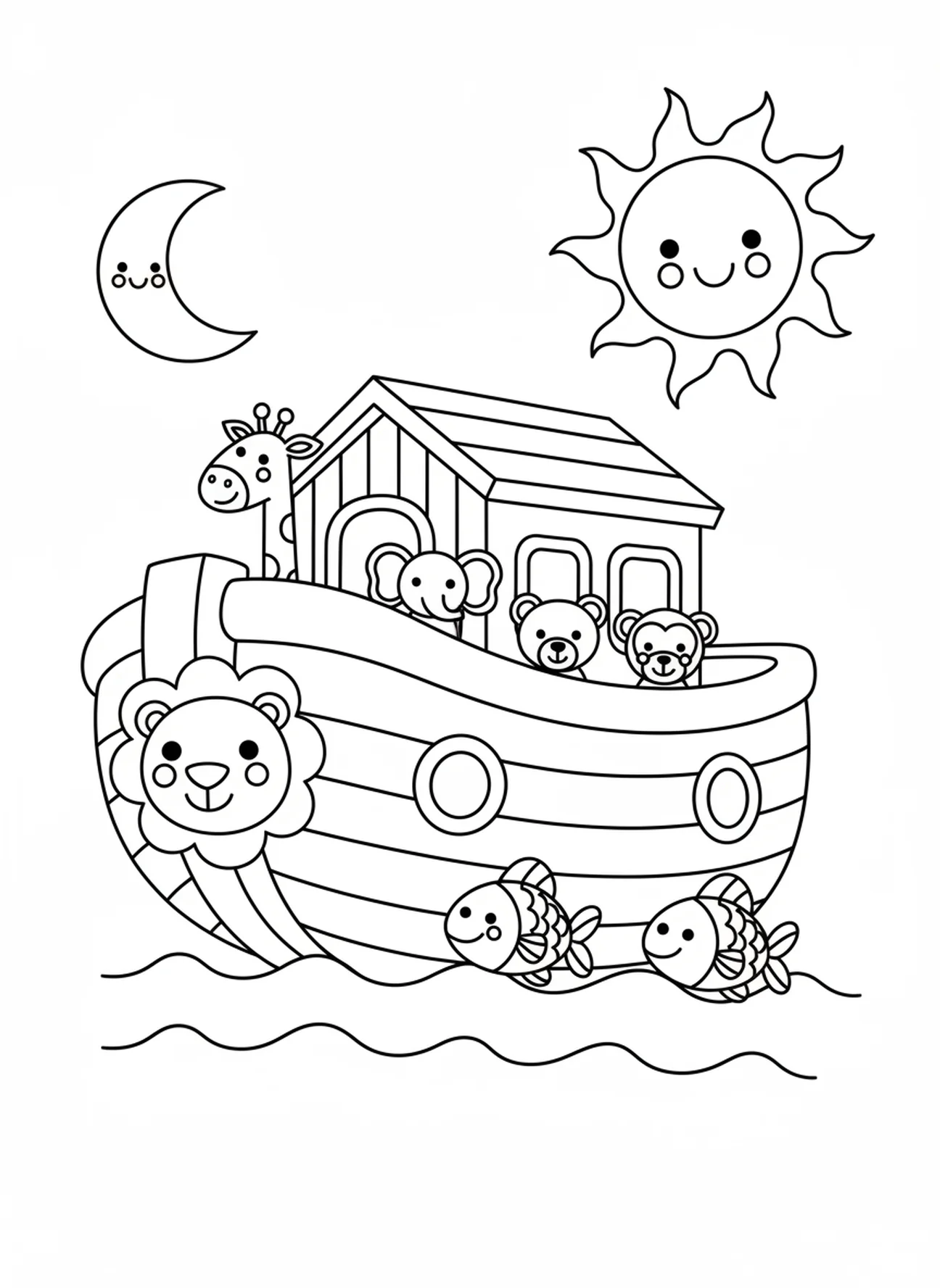 Große Arche mit springenden Fischen, Ausmalbild für den Religionsunterricht für Vorschulkinder im Alter von 3-5 Jahren