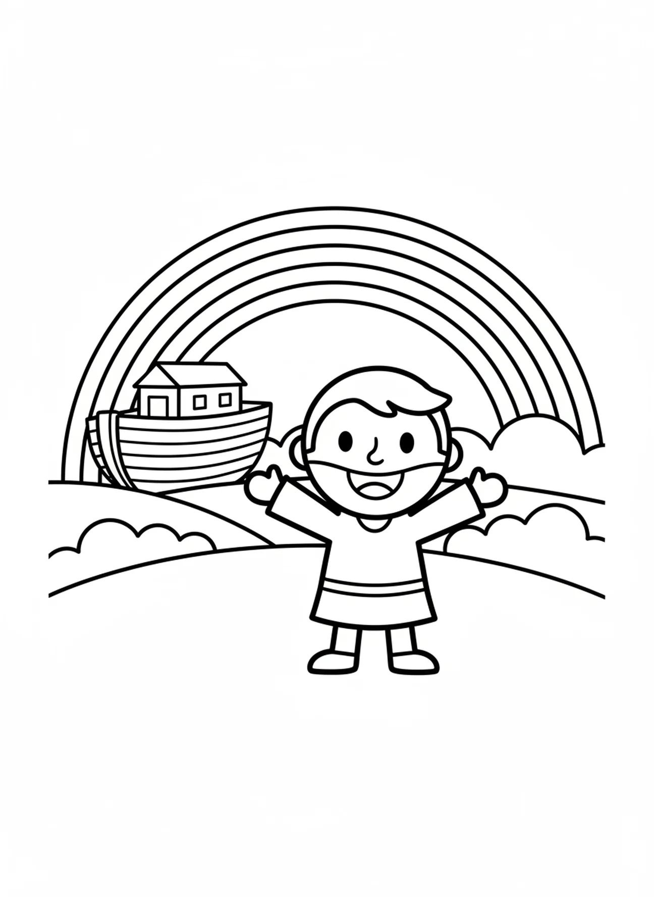 Heller Regenbogen über dem lächelnden Noah, Ausmalbild mit dem biblischen Raben für Vorschulkinder im Alter von 3-5 Jahren