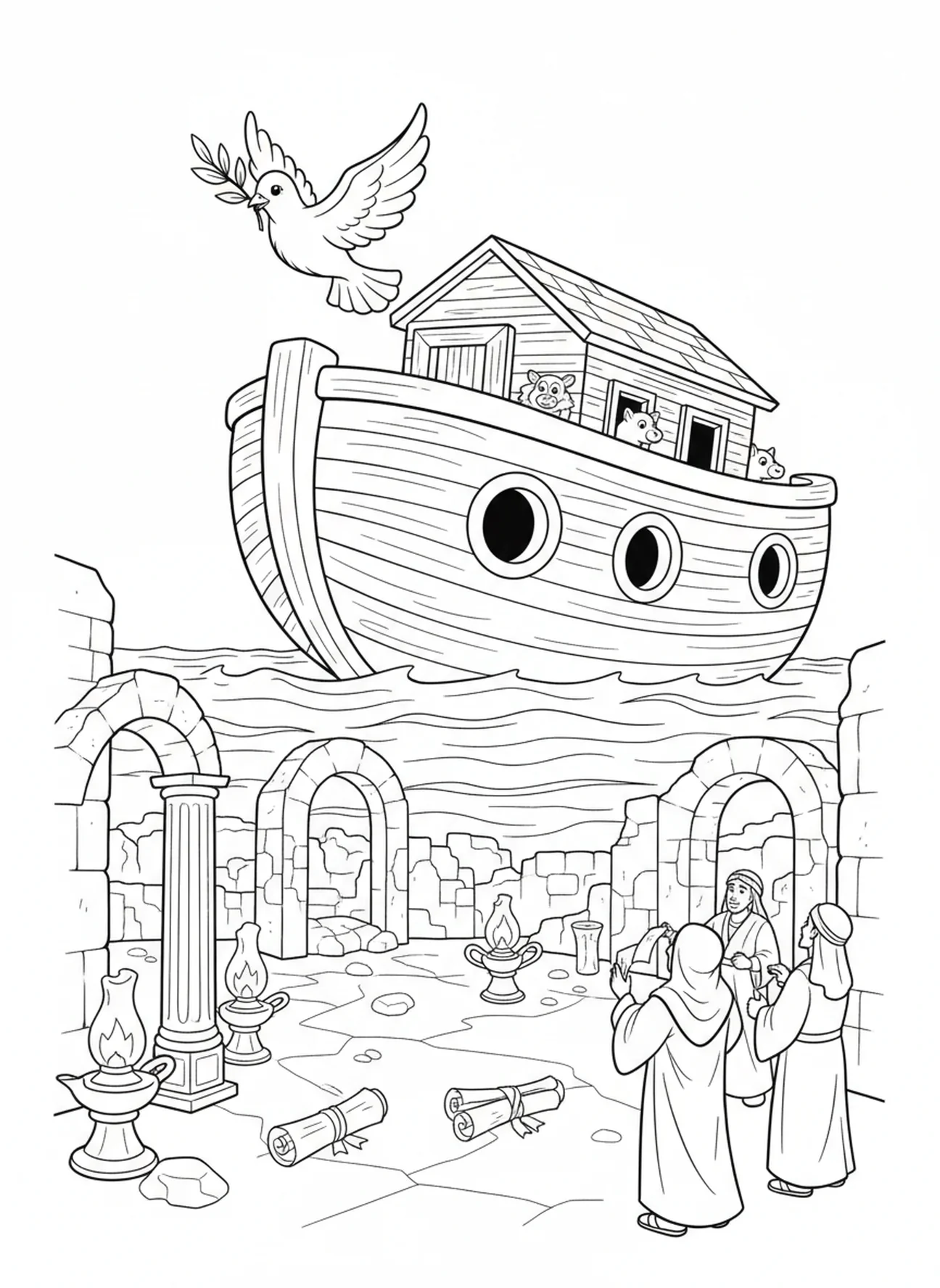 Taube kehrt mit Olivenblatt zurück, Ausmalbild für Religionsunterricht für Kinder im Alter von 5-12 Jahren.