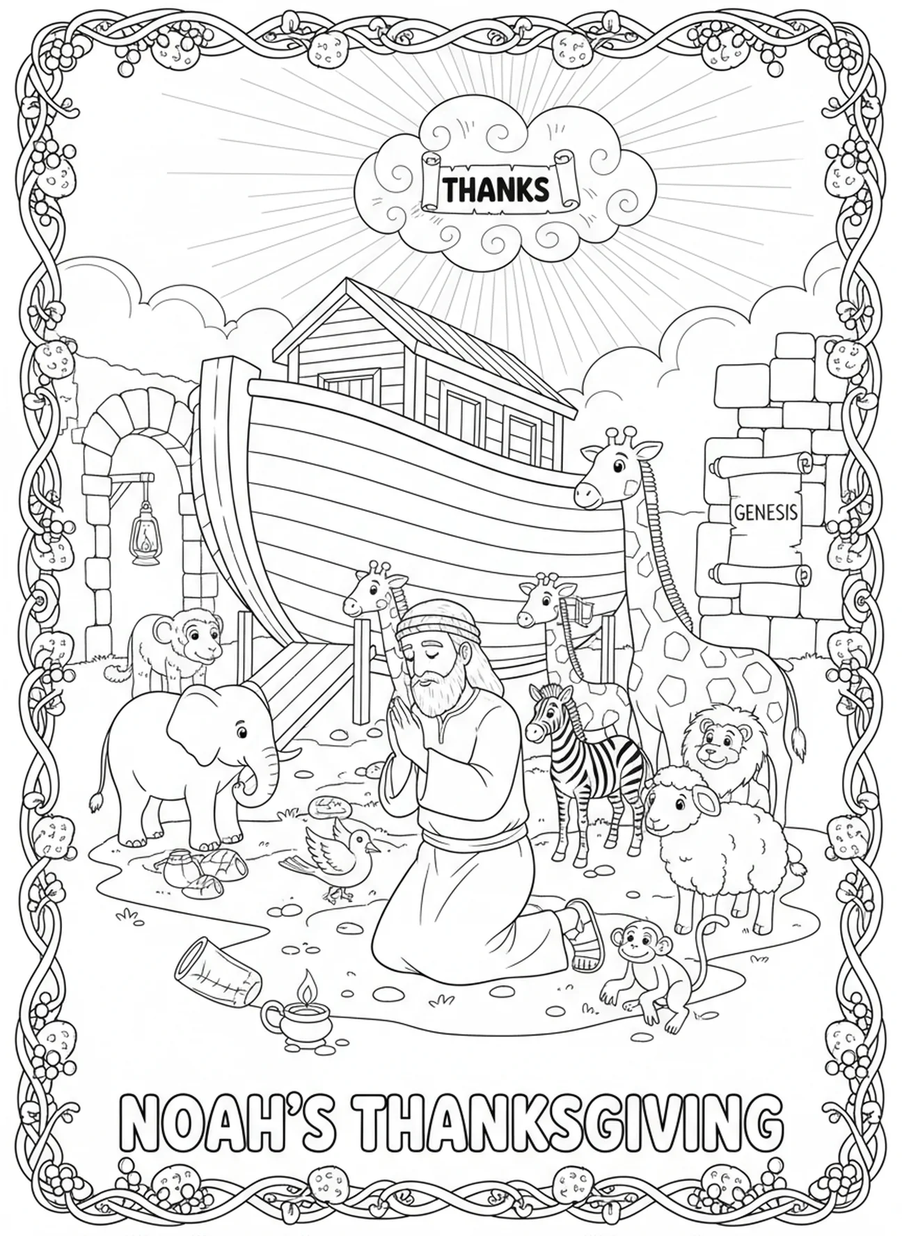 Noah dankt Gott, Ausmalbild mit dem Raben für die Sonntagsschule für Kinder im Alter von 5-12 Jahren.