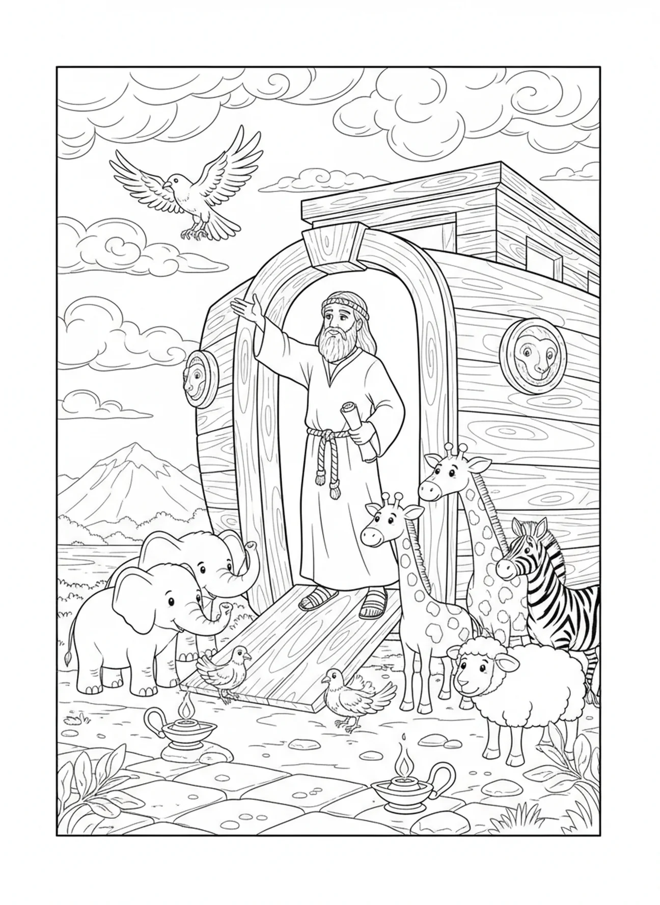 Noah, der den Raben freilässt, Ausmalbild für die Sonntagsschule für Kinder im Alter von 5-12 Jahren.