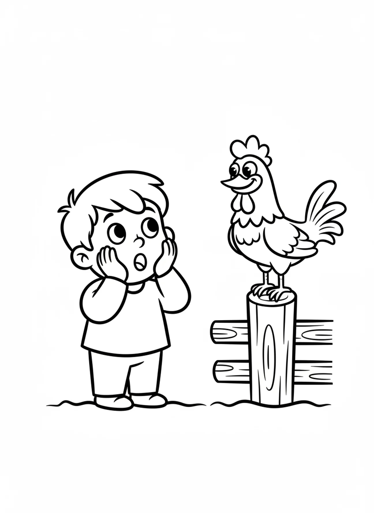 Pierre surpris, page à colorier Bible avec le coq pour les enfants d'âge préscolaire de 3 à 5 ans.