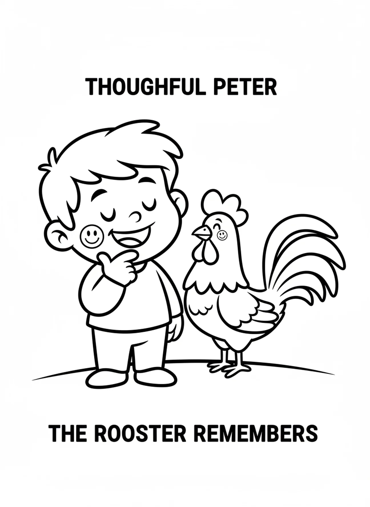 Pierre pensif, page à colorier de la Bible avec un coq pour les enfants d'âge préscolaire de 3 à 5 ans.