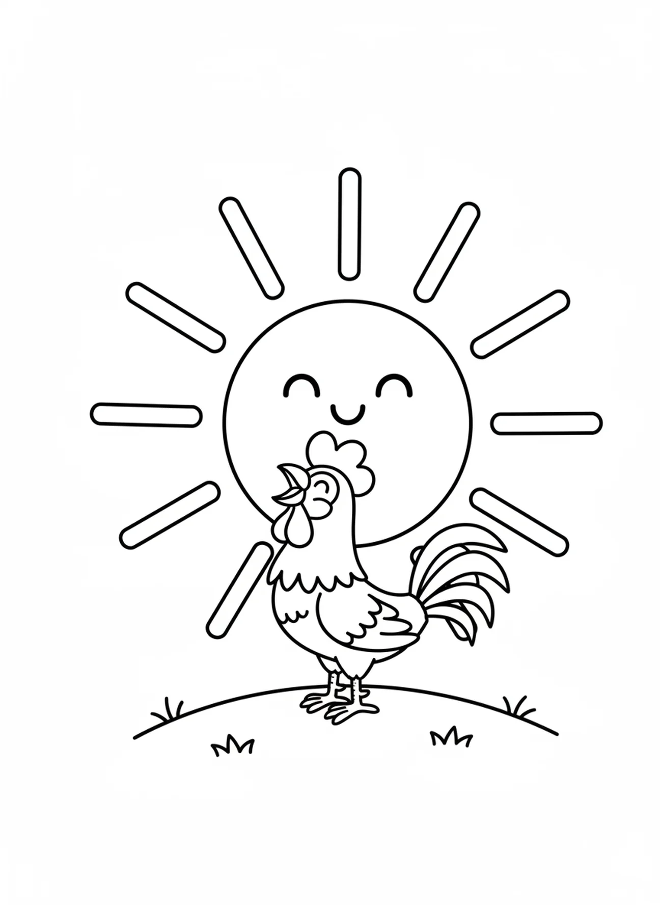Coq chantant au lever du soleil, page à colorier Biblique Coq pour les enfants d'âge préscolaire de 3 à 5 ans.