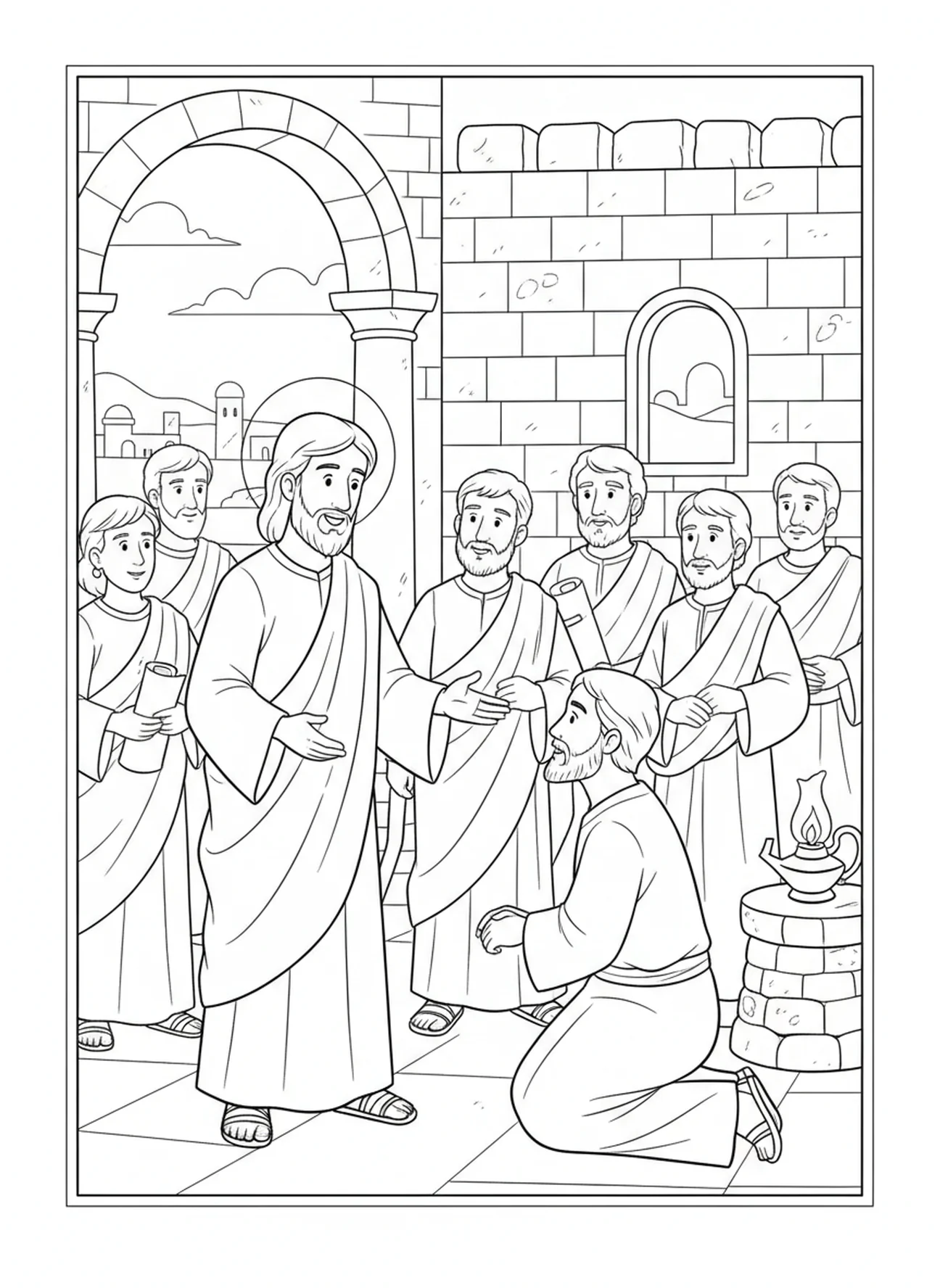 Jésus prédisant le reniement, page à colorier Bible Coq pour les enfants de l'École du dimanche âgés de 5 à 12 ans.
