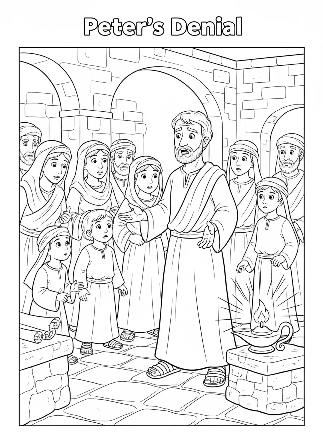 Pierre inquiet, page à colorier de la Bible avec le coq pour les enfants de l'École du dimanche âgés de 5 à 12 ans.