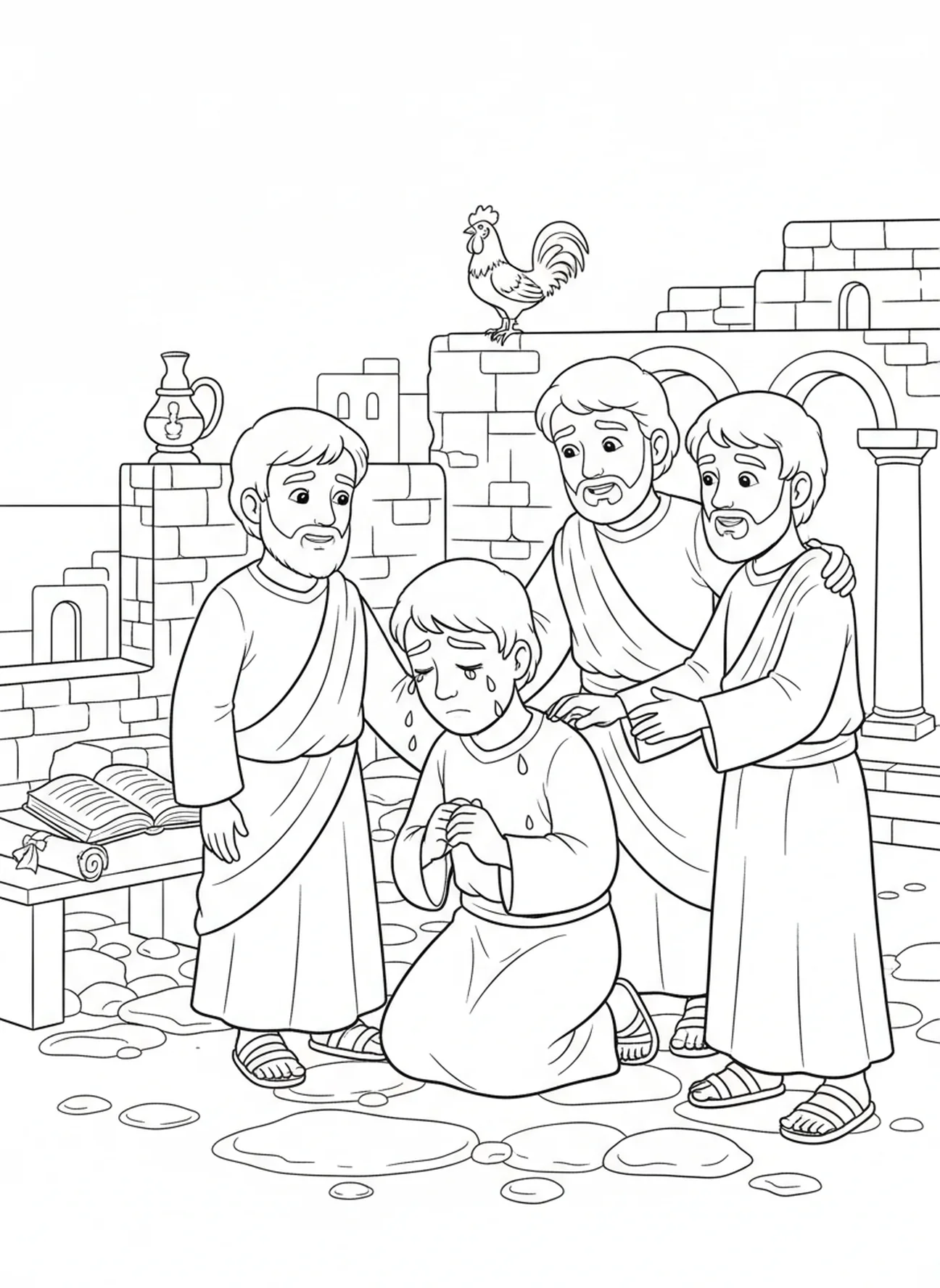 Pierre repentant, page à colorier de la Bible pour les enfants de l'École du dimanche âgés de 5 à 12 ans.