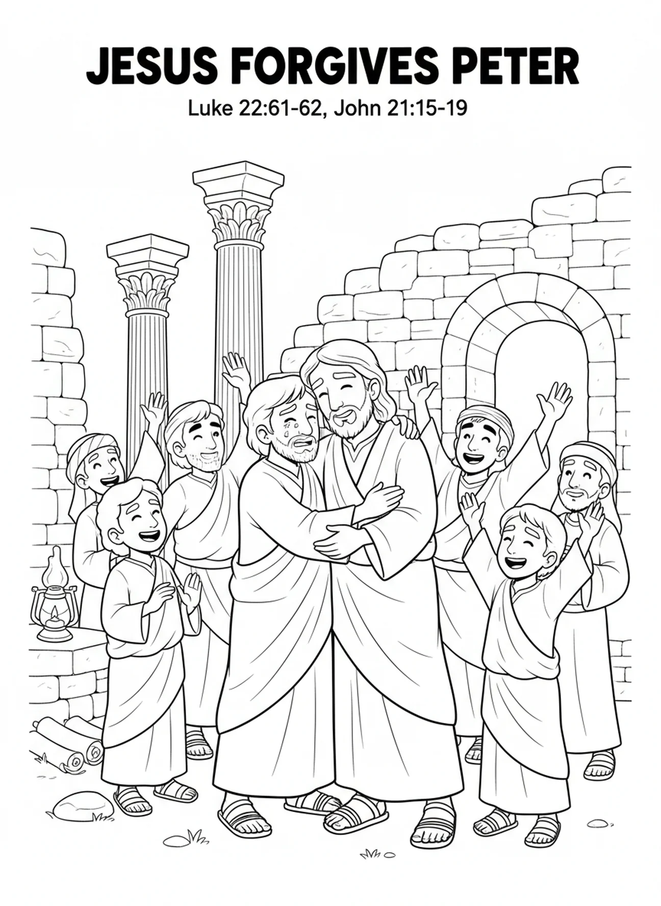 Pierre restauré, page à colorier de la Bible avec le coq pour les enfants de l'École du dimanche âgés de 5 à 12 ans.
