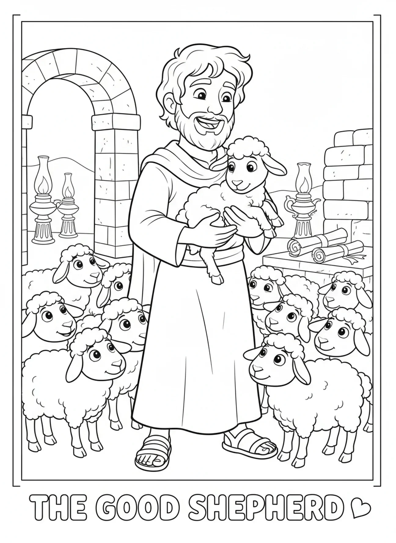 Le berger retrouvant une brebis égarée, page à colorier Biblique pour les enfants de l'École du dimanche âgés de 5 à 12 ans