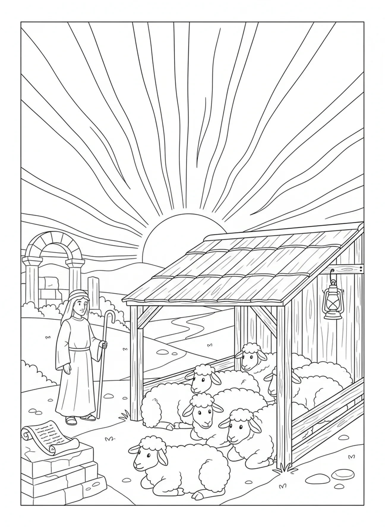 Moutons se reposant sous un abri, page à colorier Biblique Mouton pour les enfants de l'École du dimanche âgés de 5 à 12 ans
