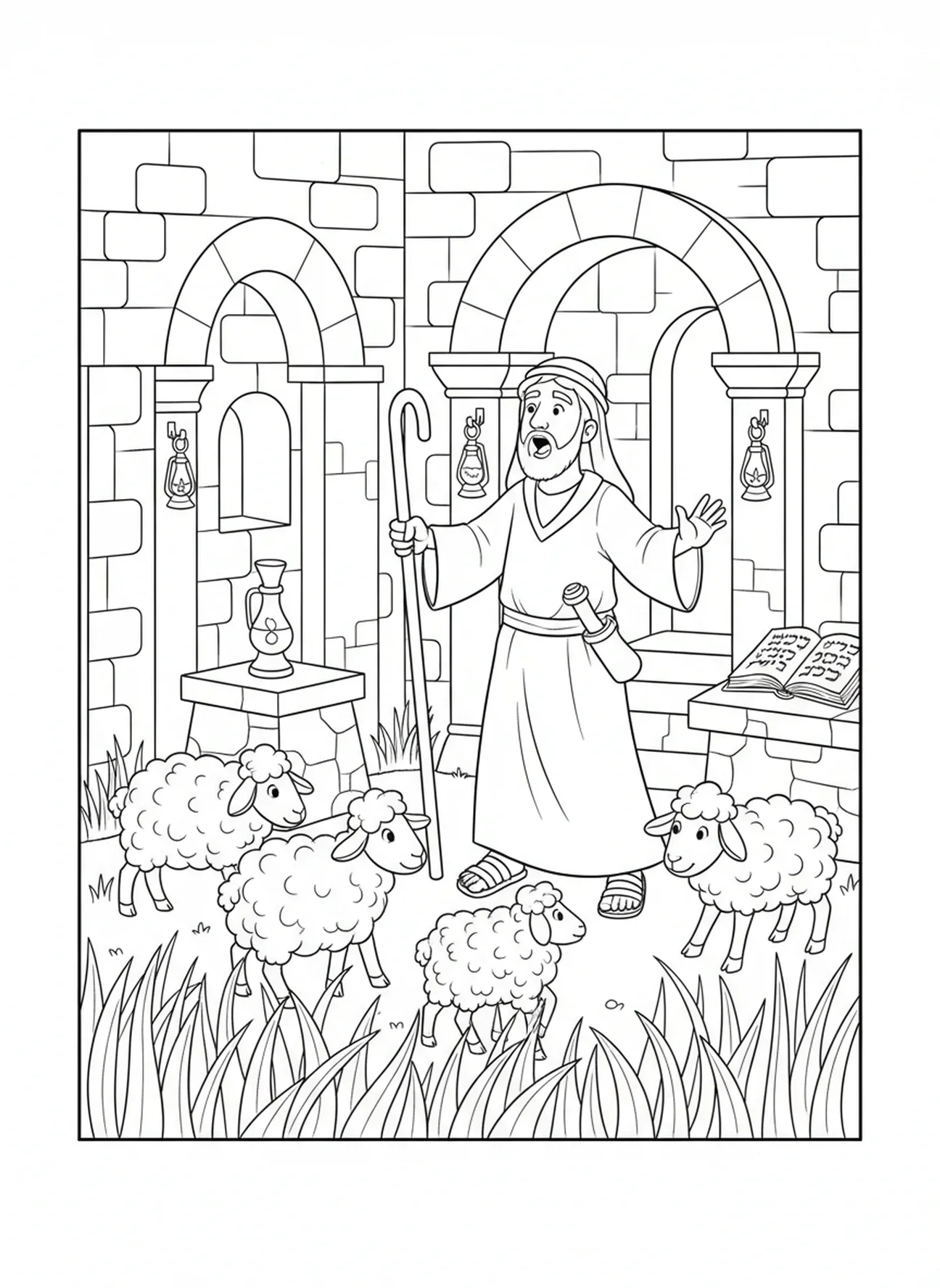 Pasteur appelant ses brebis, page à colorier Biblique pour les enfants de l'École du dimanche âgés de 5 à 12 ans