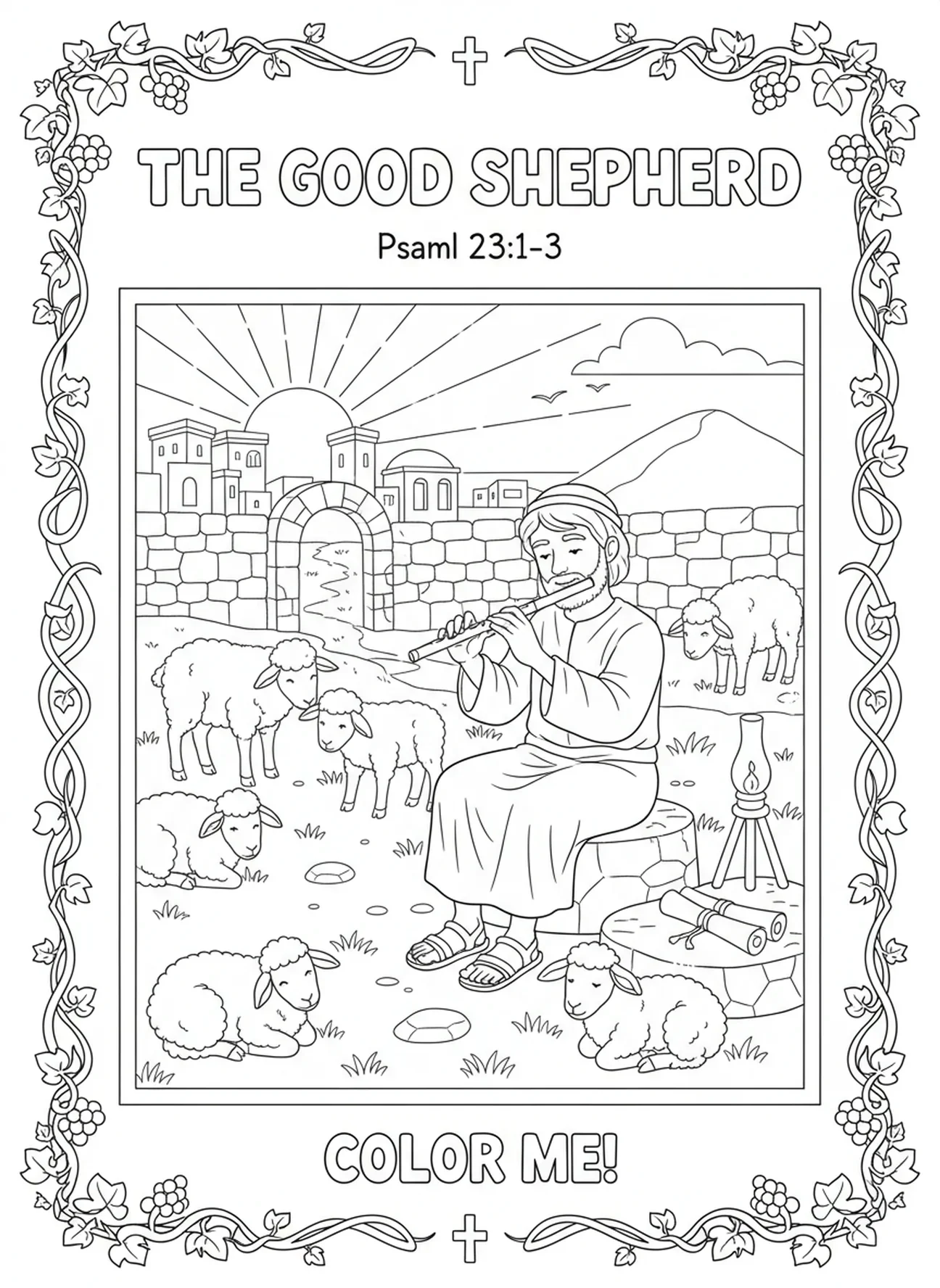 Berger jouant de la flûte, page à colorier de la Bible pour les enfants de l'École du dimanche âgés de 5 à 12 ans