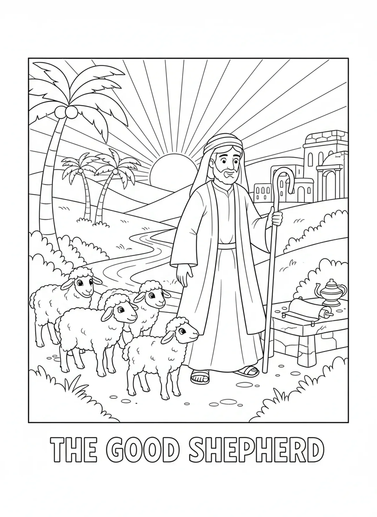 Bon berger avec son troupeau, page à colorier de la Bible pour les enfants de l'École du dimanche âgés de 5 à 12 ans