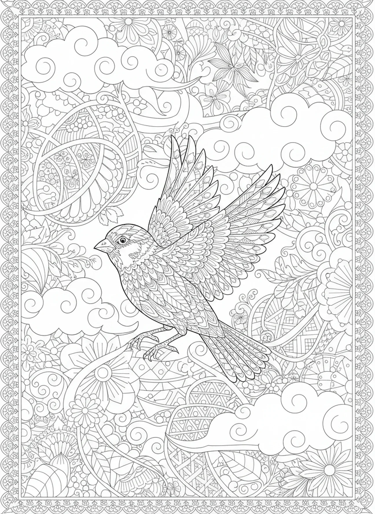 Pássaro voando com redemoinhos, página de colorir Pássaro da Bíblia para adultos no estilo de journaling bíblico