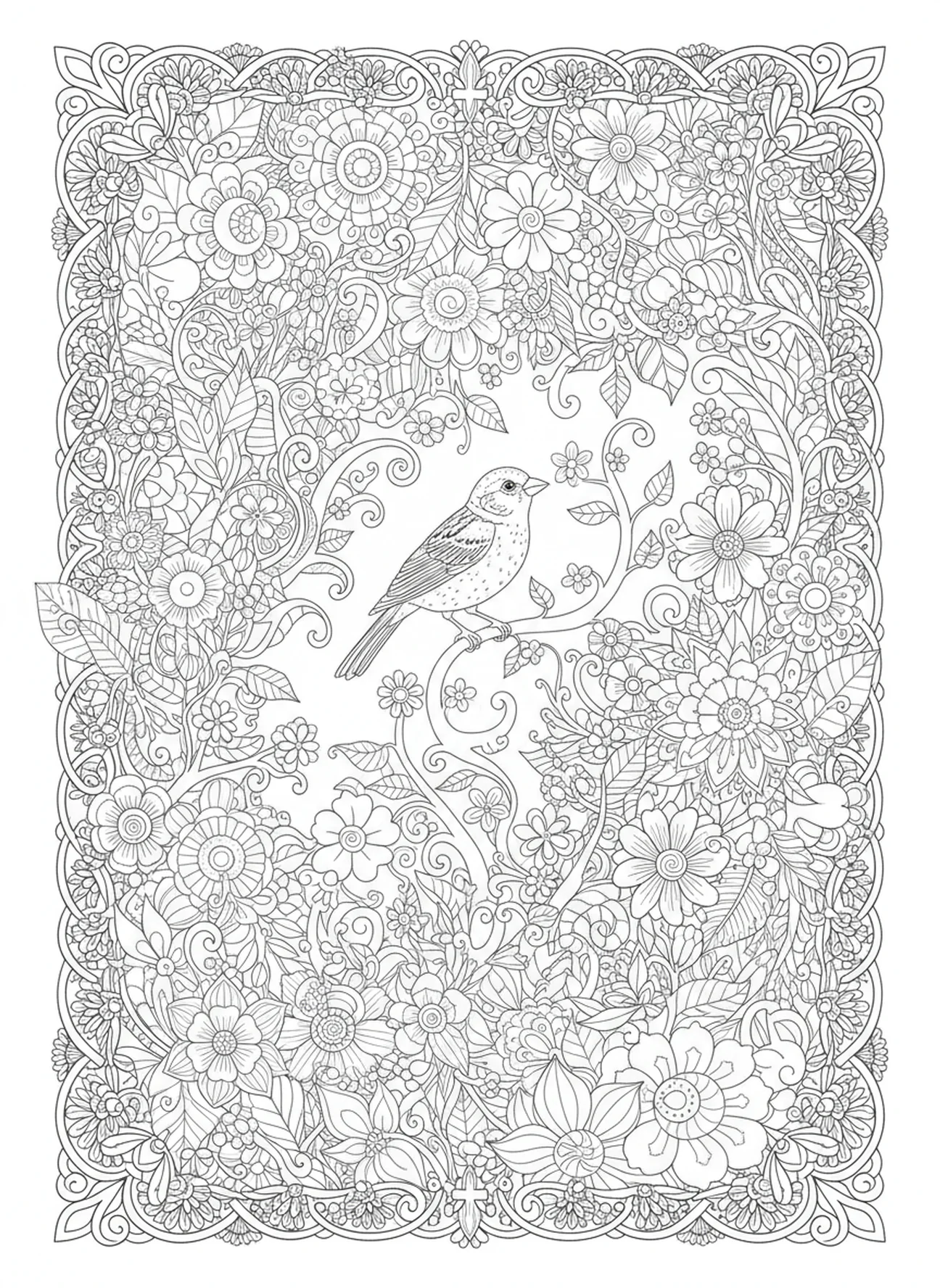 Pardal em um jardim, página de colorir Bíblia Pardal para adultos no estilo de journaling bíblico