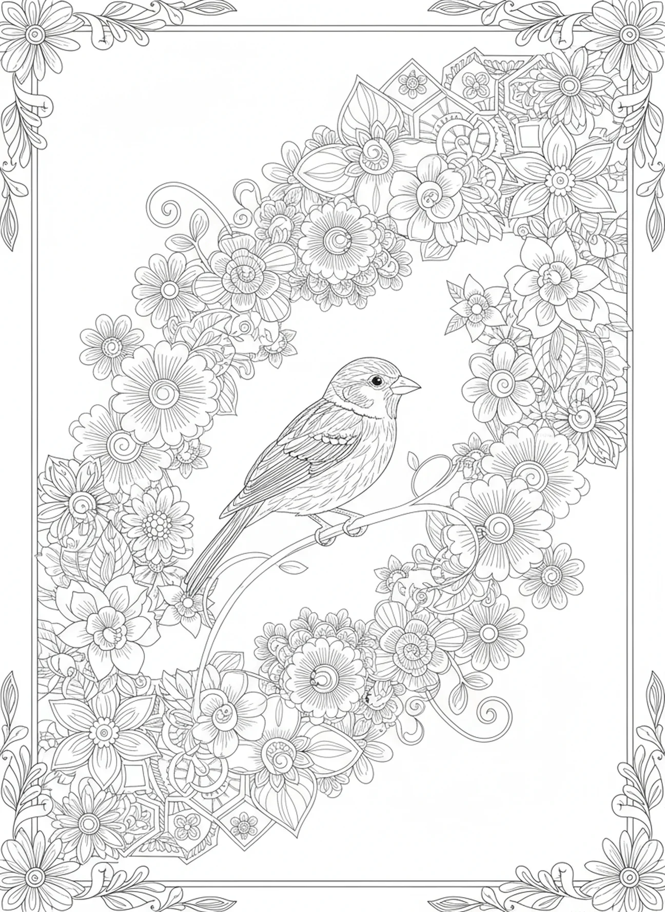Pássaro em um galho, página de colorir do Pássaro para adultos no estilo de journaling bíblico