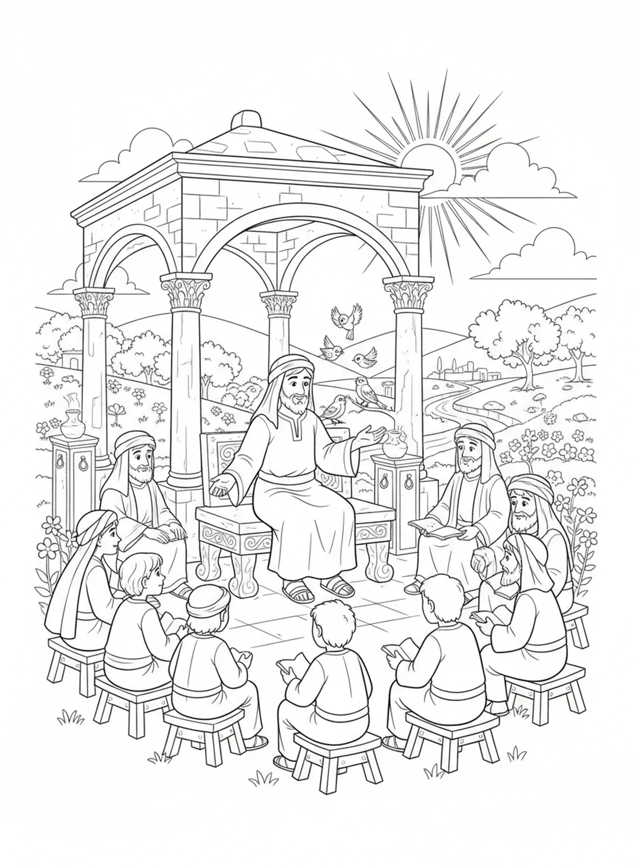 Jesús con sus discípulos hablando sobre los gorriones, página para colorear de la Biblia sobre gorriones para niños de Escuela Dominical de 5 a 12 años.