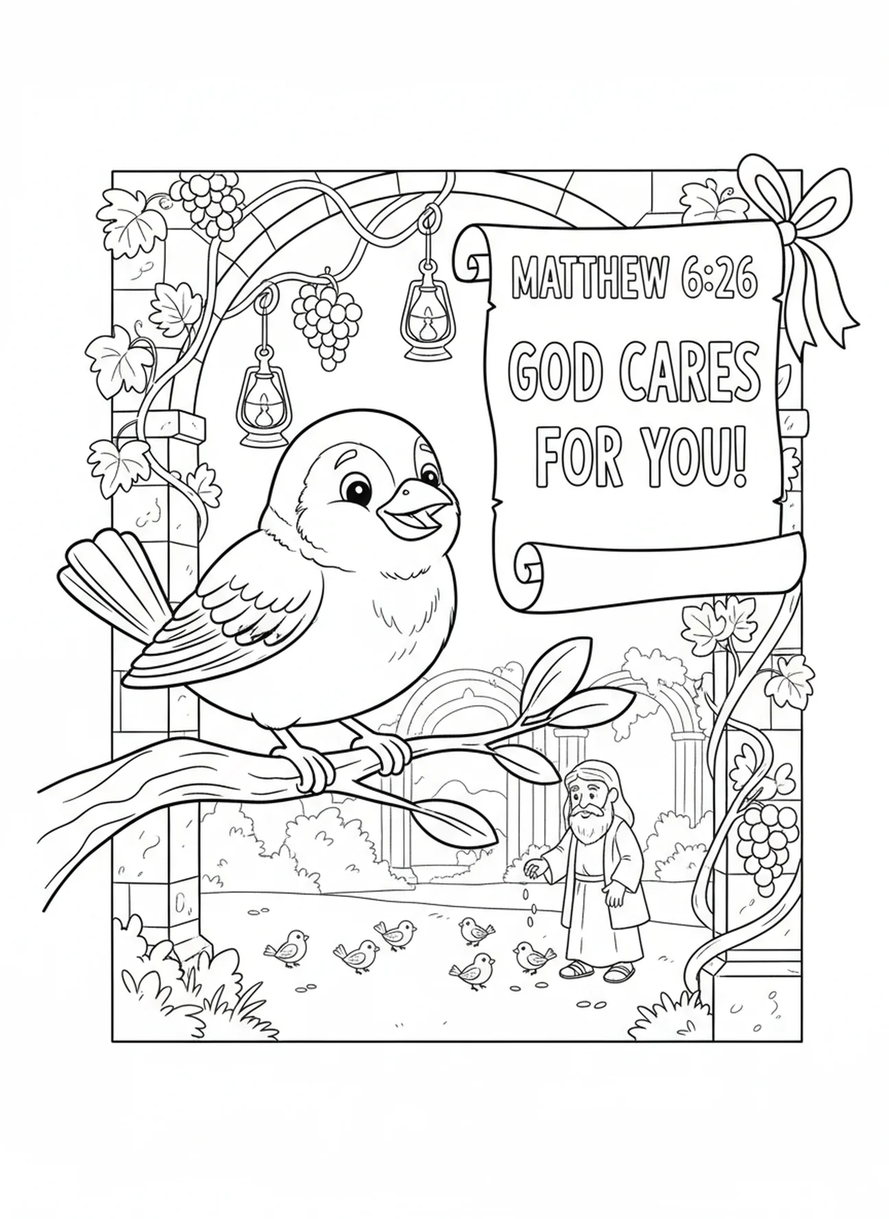 Gorrion con un pergamino que ilustra un versículo bíblico, página para colorear de gorrion para niños de la Escuela Dominical de 5 a 12 años.
