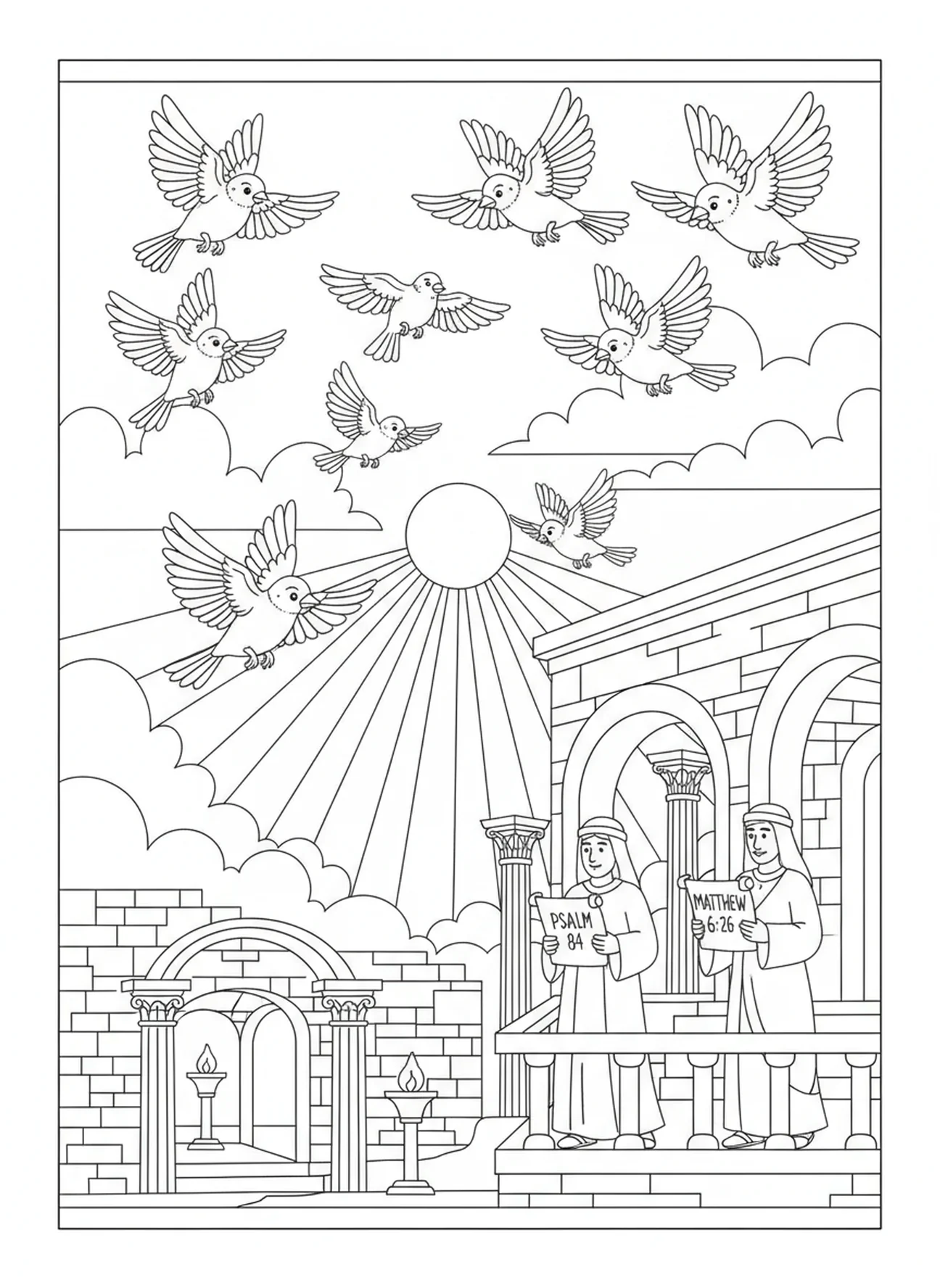 Grupo de gorriones volando en el cielo, página para colorear de gorriones bíblicos para niños de la Escuela Dominical de 5 a 12 años.