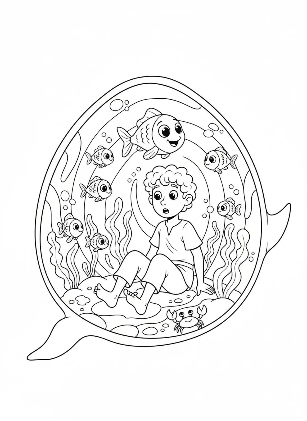 Jonás sentado dentro de la ballena, página para colorear de la ballena bíblica para niños de 5 a 10 años.