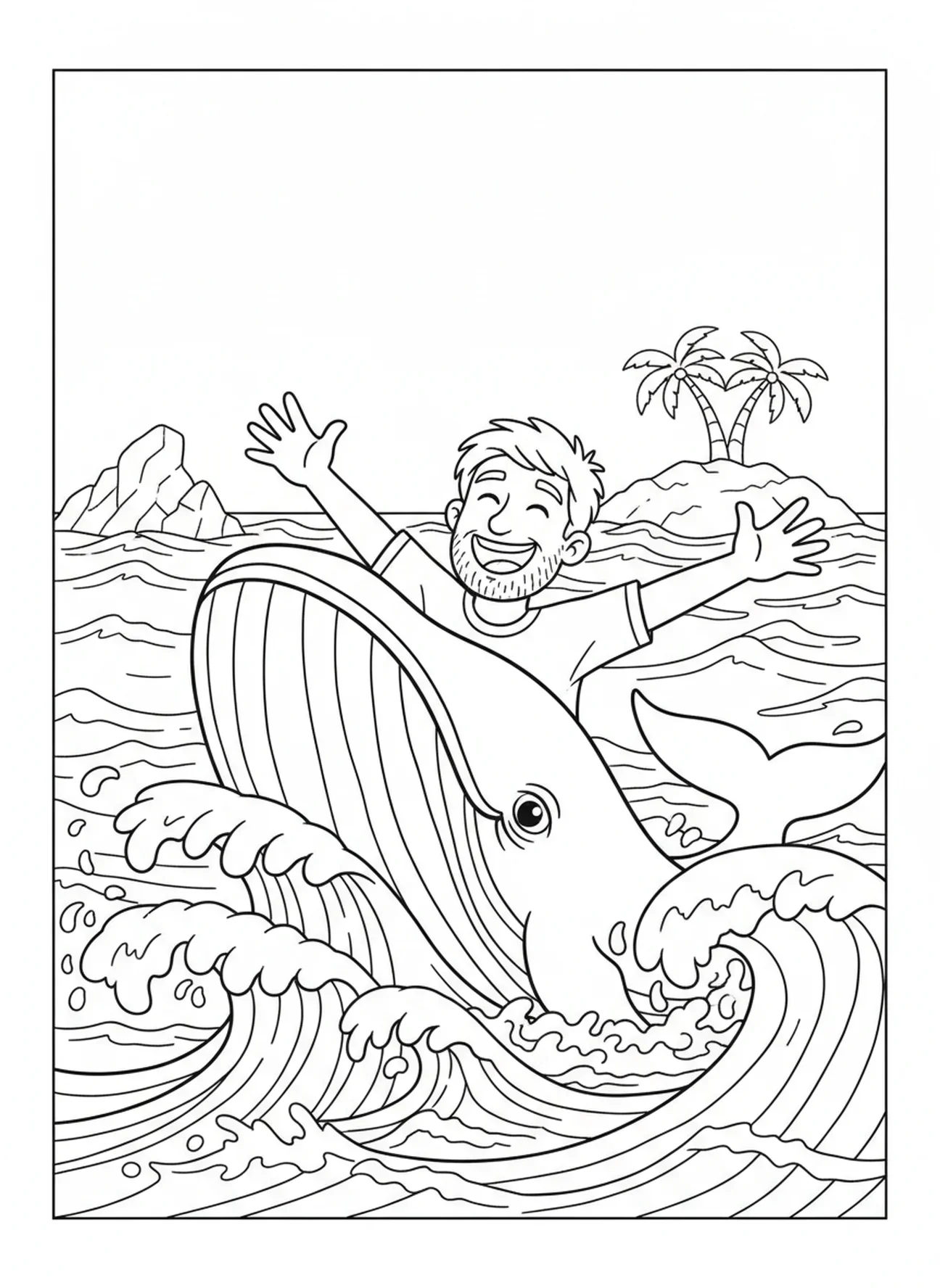 Jonás saliendo de la ballena, página para colorear de la Biblia sobre la ballena para niños de 5 a 10 años.