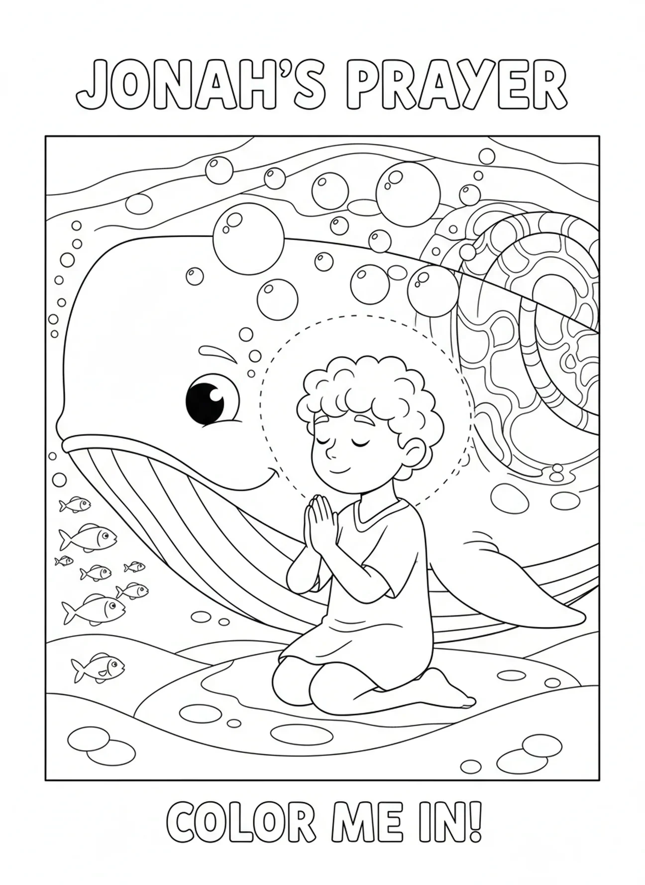 Jonás orando dentro de la ballena, página para colorear de la Biblia sobre la ballena para niños de 5 a 10 años.