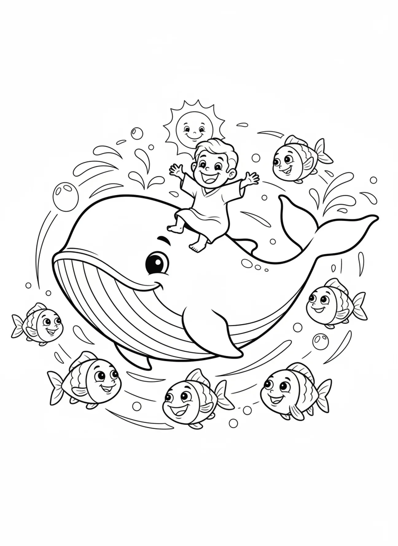 Ballena con Jonás en su espalda, página para colorear de la Biblia sobre la ballena para niños de 5 a 10 años.