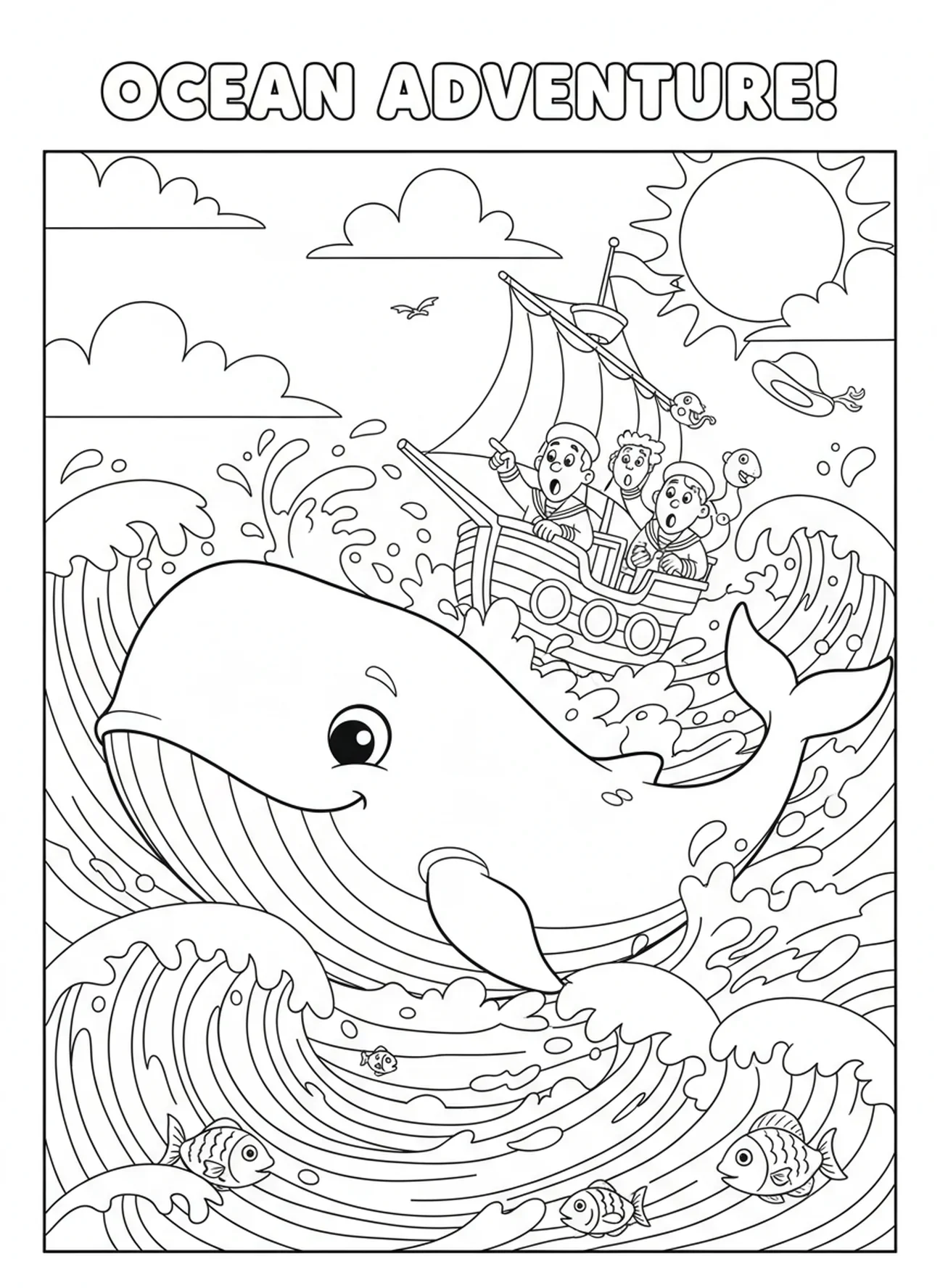 Gran ballena acercándose a un barco, página para colorear de la Biblia sobre la ballena para niños de 5 a 10 años.