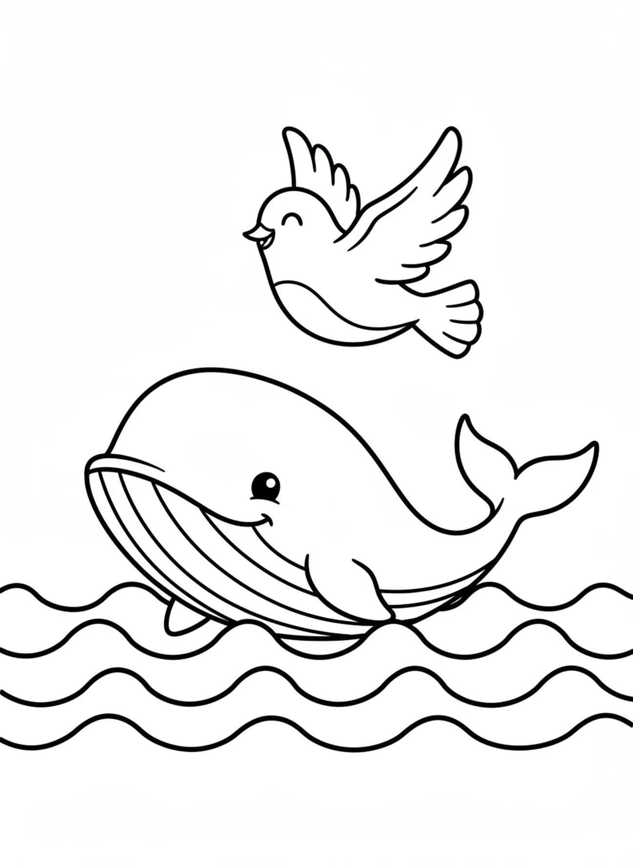 Paloma volando sobre una ballena de dibujos animados, página para colorear de la ballena bíblica para niños en edad preescolar de 3 a 5 años.