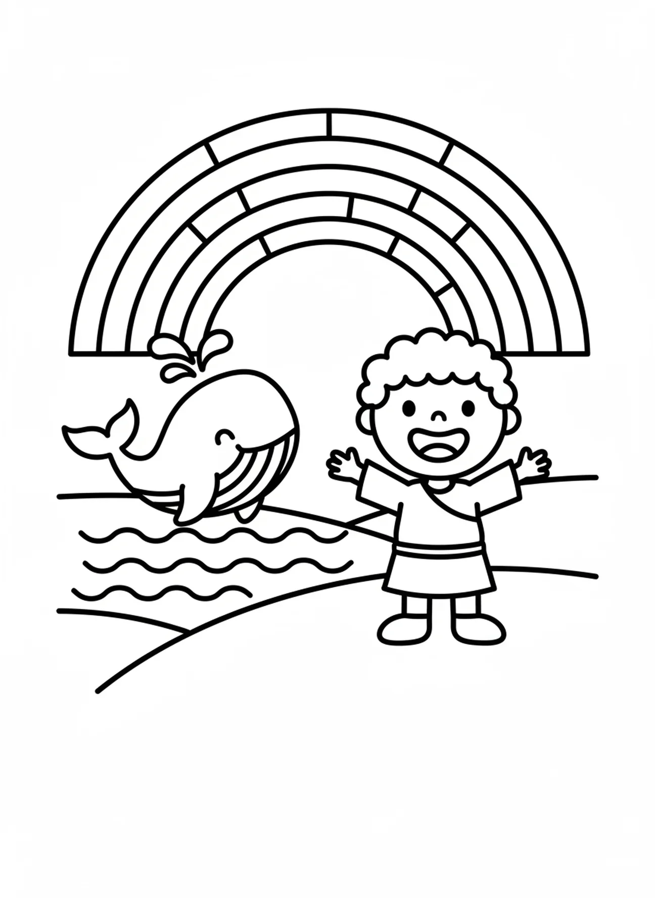 Noé con arcoíris y ballena, página para colorear de la Biblia sobre ballenas para niños de 3 a 5 años.