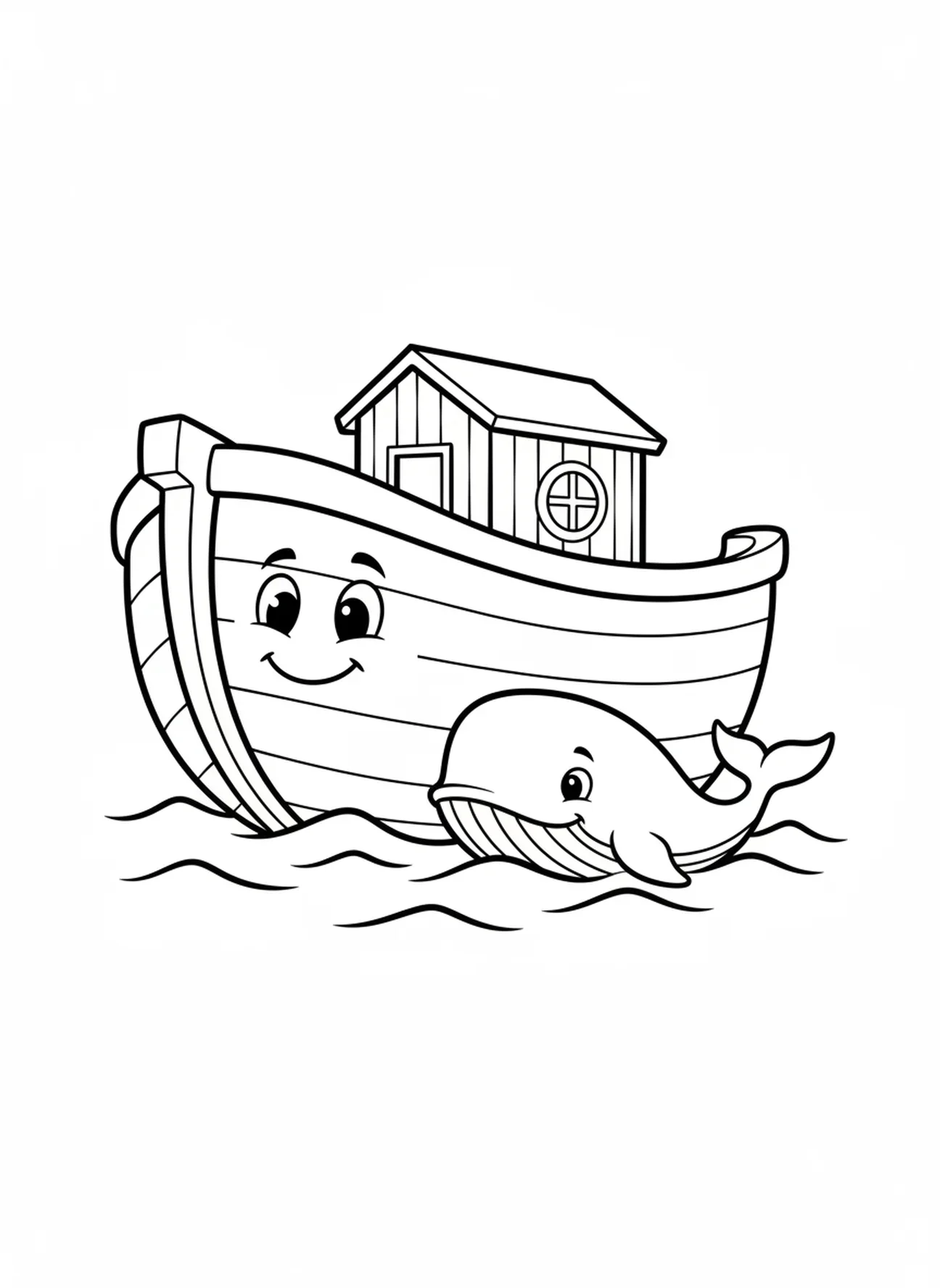 El arca de Noé con una ballena cerca, página para colorear de la ballena para niños de 3 a 5 años.