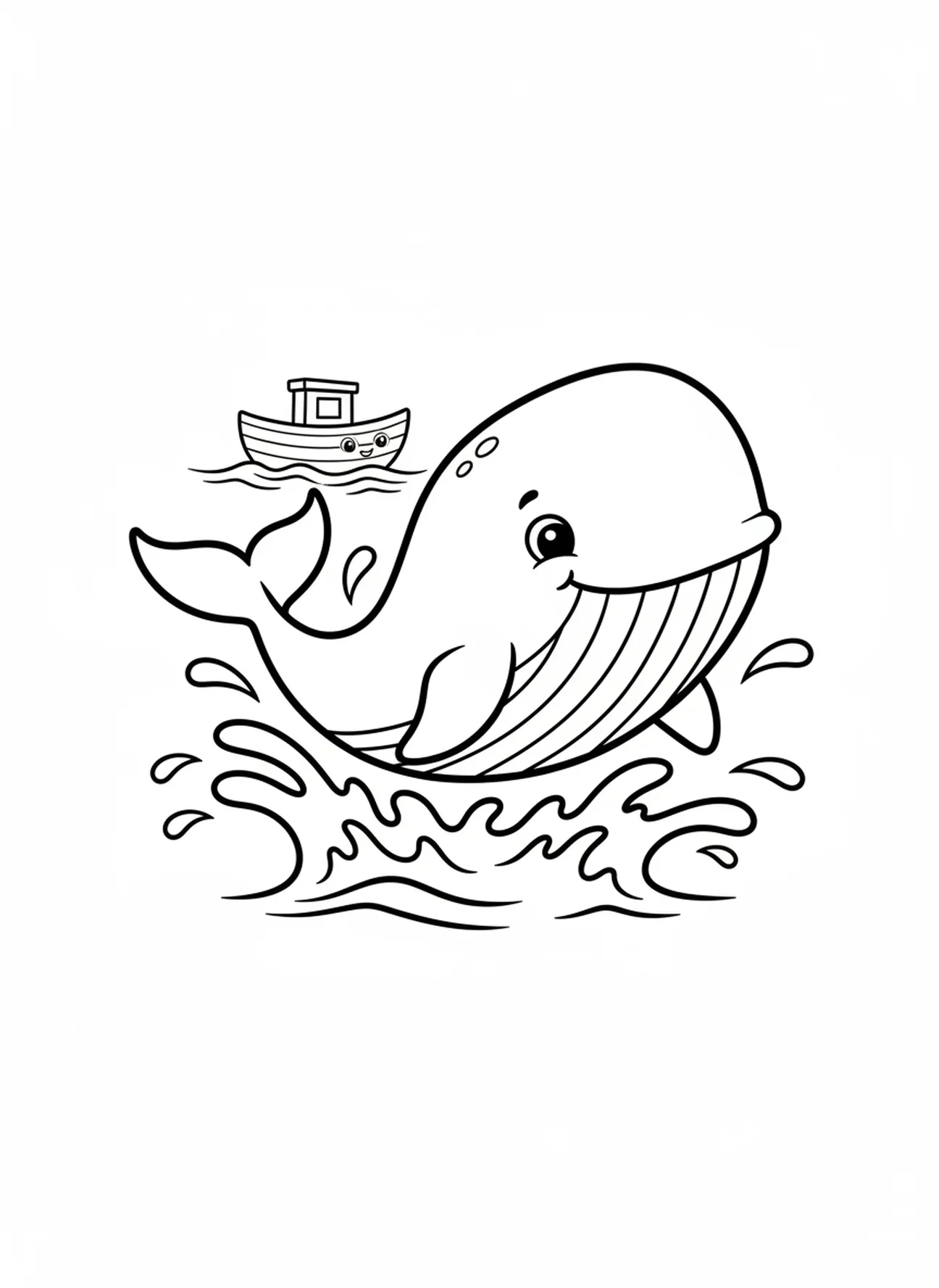 Ballena saltando con salpicaduras de agua, página para colorear de la Biblia sobre la ballena para niños en edad preescolar de 3 a 5 años.