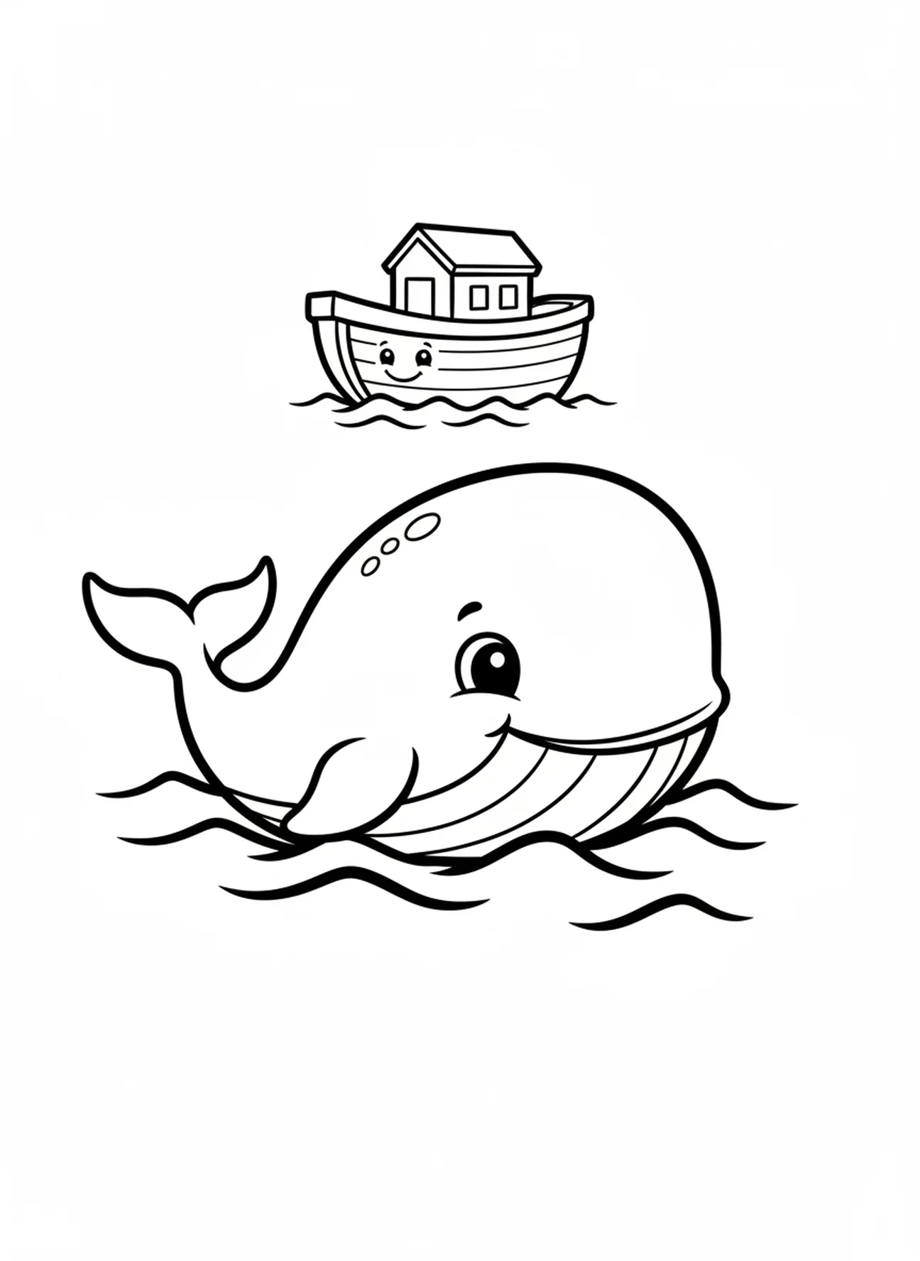 Ballena asomándose del agua con el arca, página para colorear de la Biblia sobre la ballena para niños de 3 a 5 años.