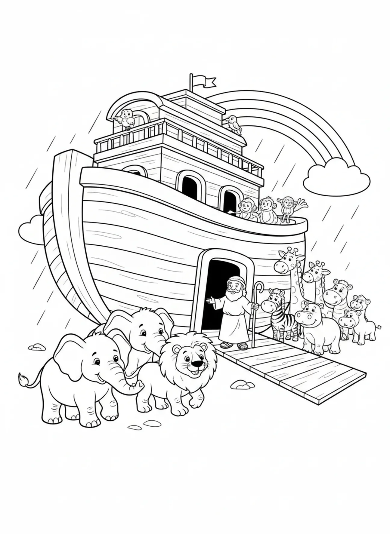 Paire d'éléphants montant à bord de l'arche, page de coloriage Biblique Wolf pour enfants de 5 à 10 ans.