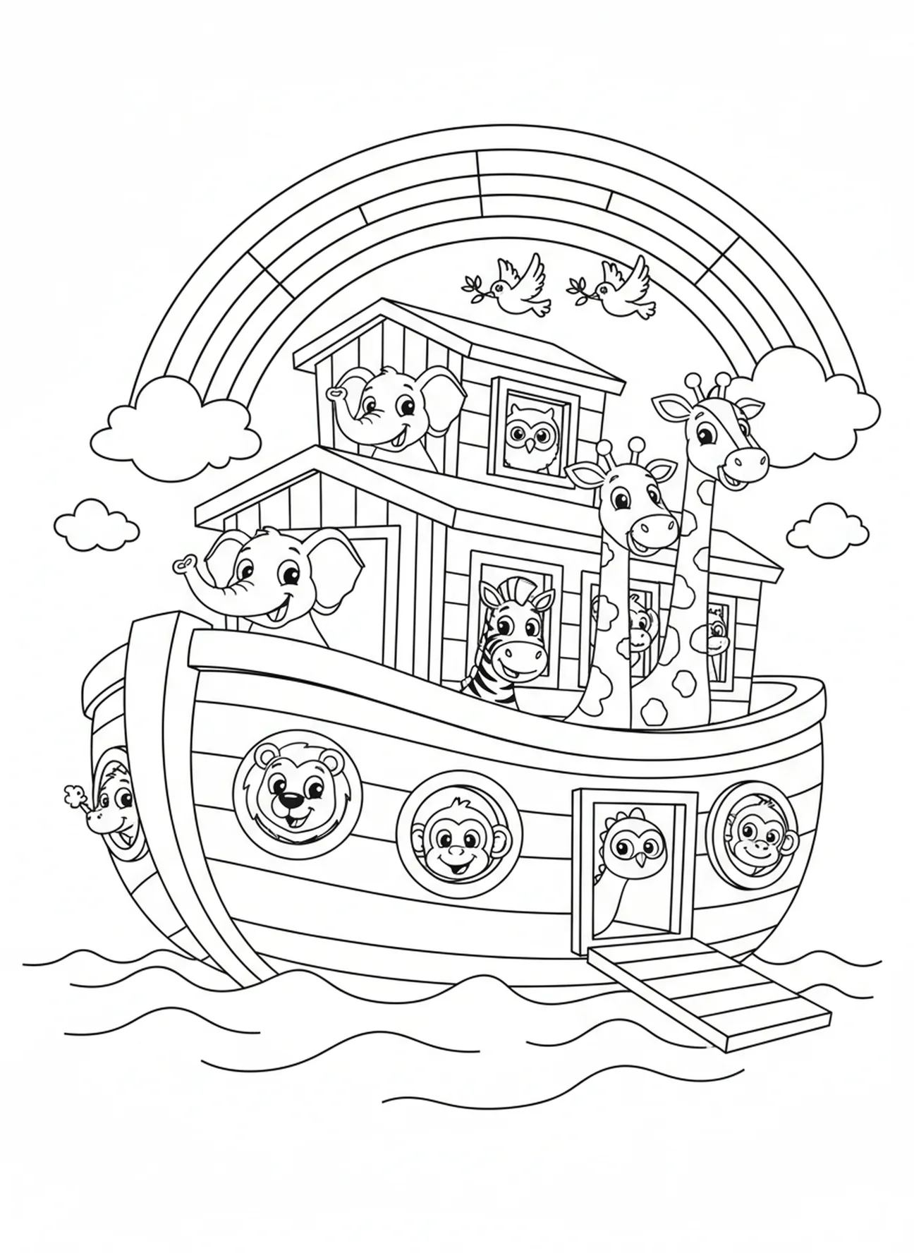 Arc-en-ciel au-dessus de l'arche, page à colorier Biblique pour enfants de 5 à 10 ans.