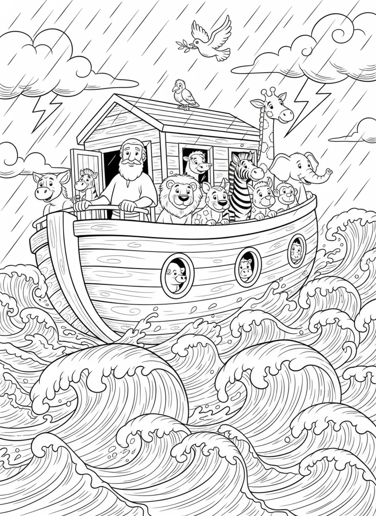 Noé et les animaux dans une arche en tempête, page à colorier Biblique pour enfants de 5 à 10 ans.