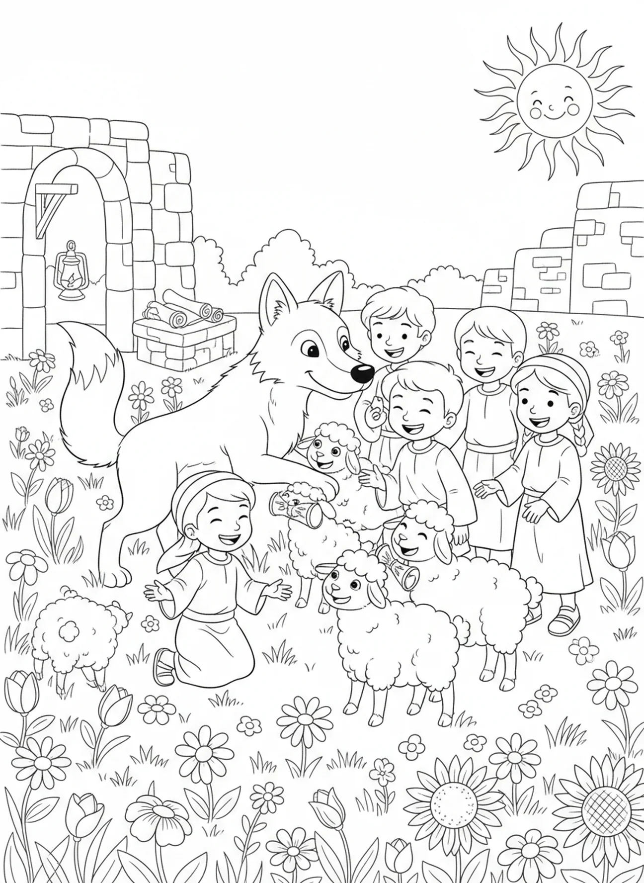 Lobo brincando com crianças e ovelhas, página de colorir do Lobo para a Escola Dominical crianças de 5 a 12 anos