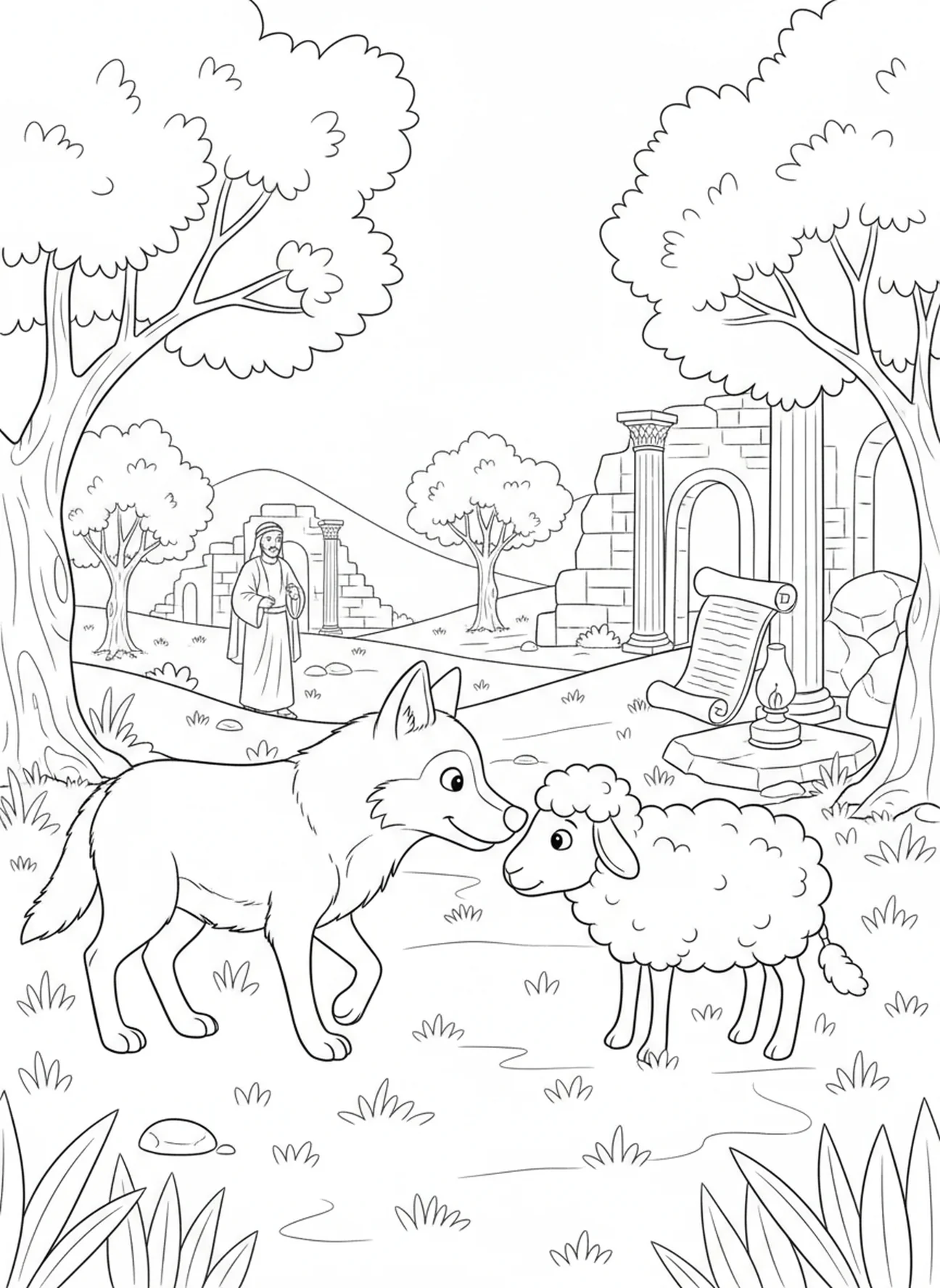 Lobo e ovelha curiosa, página de colorir do Lobo da Bíblia para crianças da Escola Dominical de 5 a 12 anos