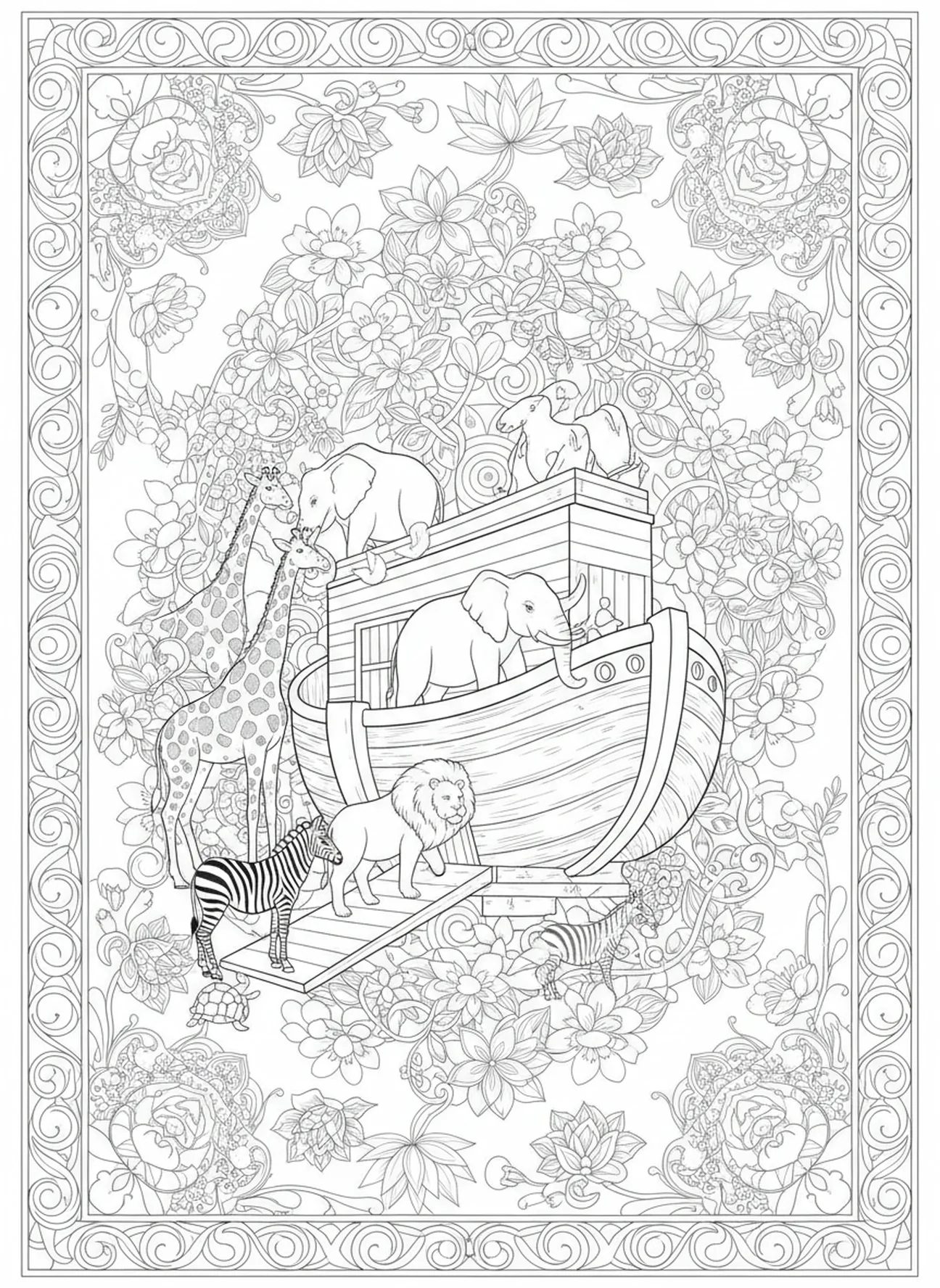 Tiere, die in die Arche einsteigen, Leviathan Ausmalbild für Erwachsene im Stil des Bibeljournaling.